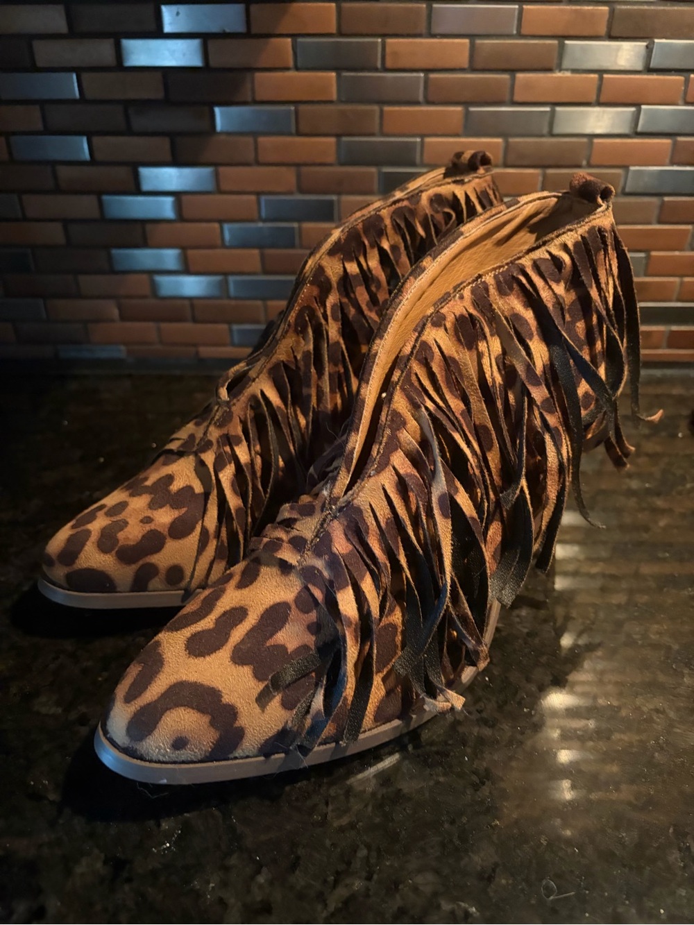 BEAST FASHION Leopard Print Fringe Ankle Booties - Brown & Black